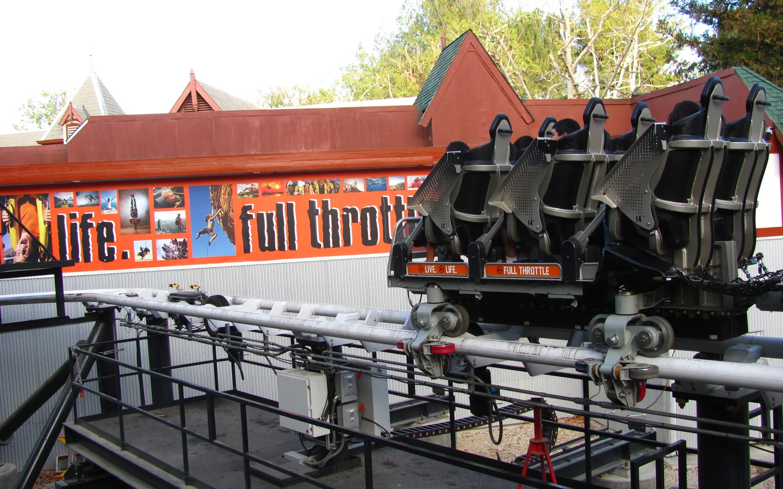 A roller coaster car in mid-air on the Full Throttle roller coaster at Six Flags Magic Mountain theme park